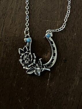 Silver Horseshoe & Rose Pendant Necklace - Women's Jewelry